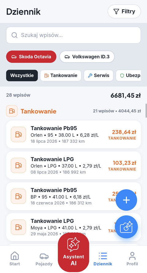Ekran Dziennik w aplikacji autototu